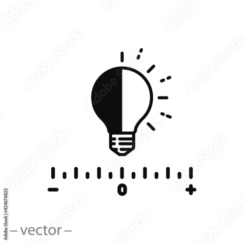 level light icon, control scale for bright, regulation contrast, electric bulb energy, adjustment brightness, thin line web symbol on white background - editable stroke vector illustration eps10