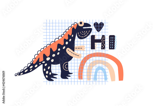 Vector illustration. Composition with dinosaur against cellular paper. Rainbow and hello inscription. In style hand drawn. Poster, for printing on fabric. For the children's room and for the interior.