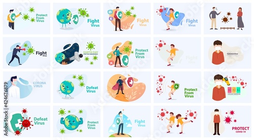 Bundle Vector illustration fight covid-19 corona virus. cure corona virus. people fight virus concept. corona viruses vaccine concept. end of 2019-ncov. don't be afraid of the corona virus concept.