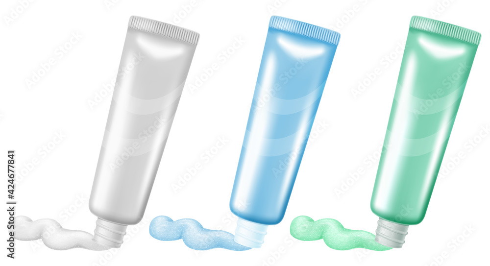Set of open toothpaste tubes in three colors, isolated on white background. Vector illustration. Set of open toothpaste tubes in three colors, isolated on white background. Vector illustration.