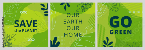 Set of Earth Day posters with green backgrounds, liquid shapes, leaves and elements. Layouts for prints, flyers, covers, banners design. Eco concepts.