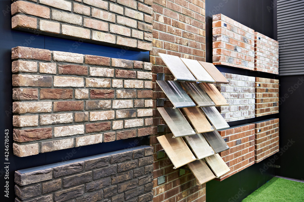 Clinker brick panels and steps in showroom - obrazy, fototapety, plakaty 