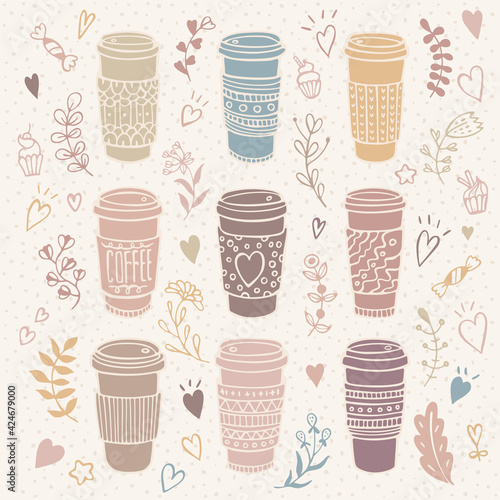 Hand-drawn coffee cup set with floral background