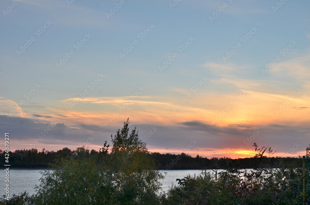 Fototapeta premium Evening on the banks of the Irtysh, Omsk Region, Siberia, Russia