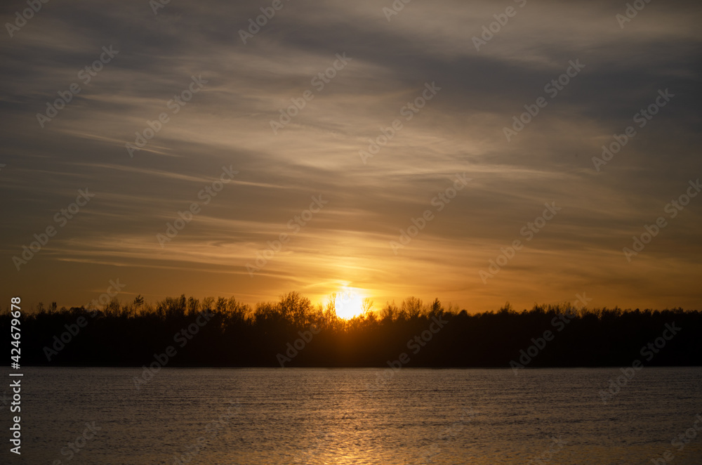 Sunset over the Irtysh River in the Omsk Region