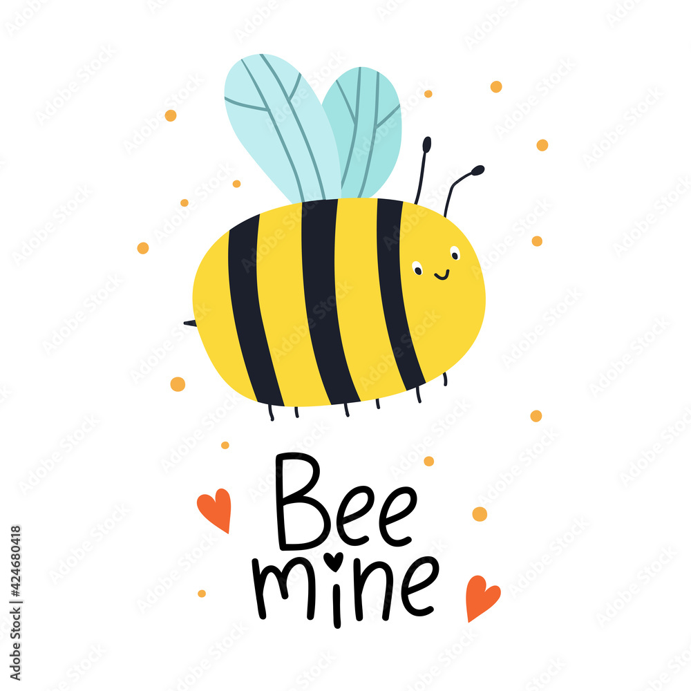 Bee mine. Greeting card with  bees and hand lettering for Valentines day. Vector illustration. Doodle cartoon style. Good for posters, t shirts, postcards.
