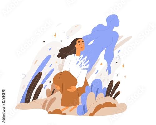 Soul rising and leaving human body. Concept of spirit separation and liberation. Person during esoteric or religious spiritual experience. Colored flat vector illustration isolated on white background