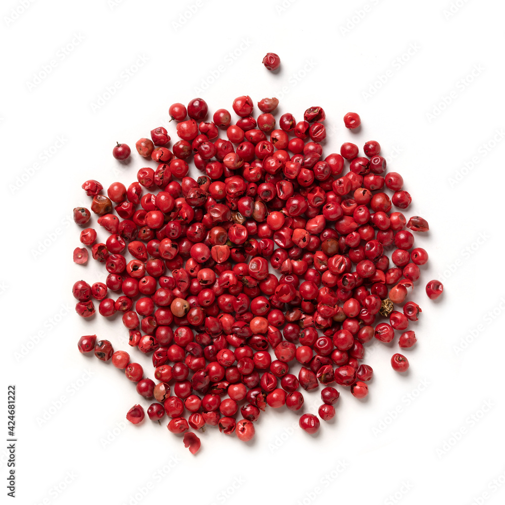 Pink Peppercorn – Pile of Dried Pepper Berry, Flavoring Spice – Top View, Close-Up Macro, from Above – Isolated on White Background Pink Peppercorn – Pile of Dried Pepper Berry, Flavoring Spice – Top View, Close-Up Macro, from Above – Isolated on White Background