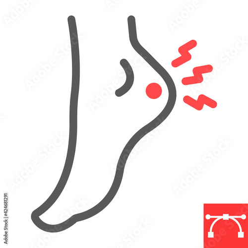 Heel pain line icon, painful and illness, foot ache vector icon, vector graphics, editable stroke outline sign, eps 10.