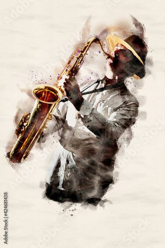 Photography Saxophone Player in Concert (watercolor painting)
