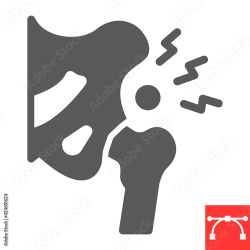 Hip pain glyph icon, osteoarthritis and injury, hip dysplasia vector icon, vector graphics, editable stroke solid sign, eps 10.