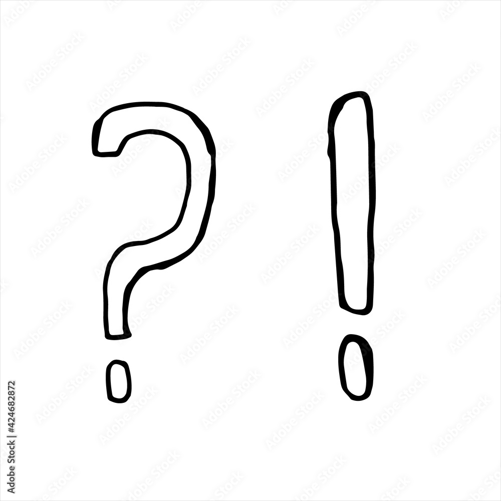 One hand-drawn question mark and exclamation mark. Doodle vector illustration. Isolated on a white background, black and white graphics One hand-drawn question mark and exclamation mark. Doodle vector illustration. Isolated on a white background, black and white graphics