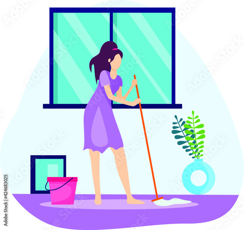 Yound Woman cleaning dirty floor. Flat vector illustration