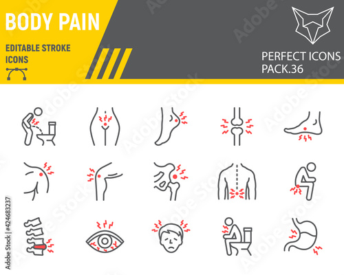 Body pain line icon set, body ache collection, vector graphics, logo illustrations, body pain vector icons, illness signs, outline pictograms, editable stroke.
