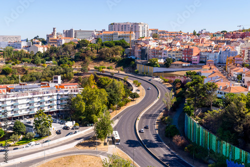 Top view of road traffic and roofs in Lisbon, Portugal