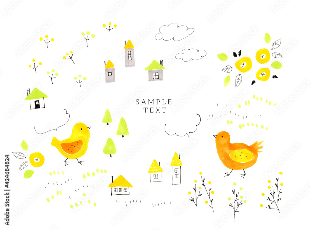 かわいい 手書き イラスト 鳥 小鳥 ほのぼの のんびり ほっこり ほんわか 黄色い小鳥 オレンジの鳥 花畑 家 絵本 メルヘン Stock Illustration Adobe Stock