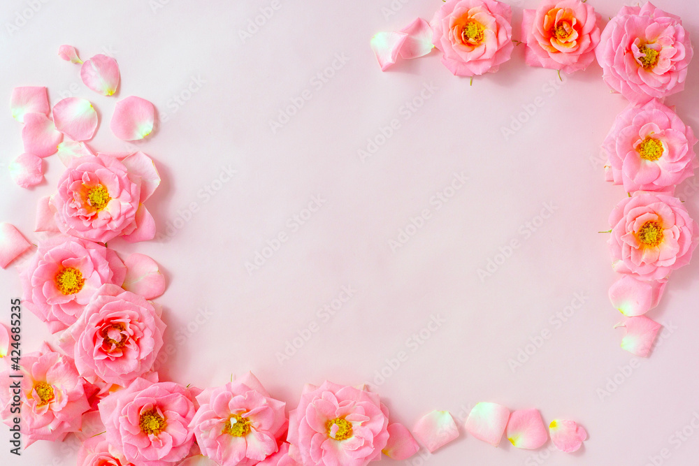 frame of flowers, blooming pink roses