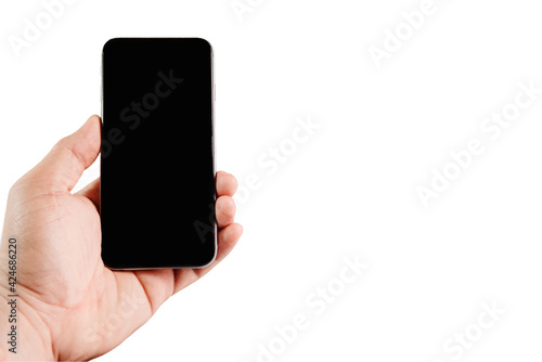Hand holding phone on white background.