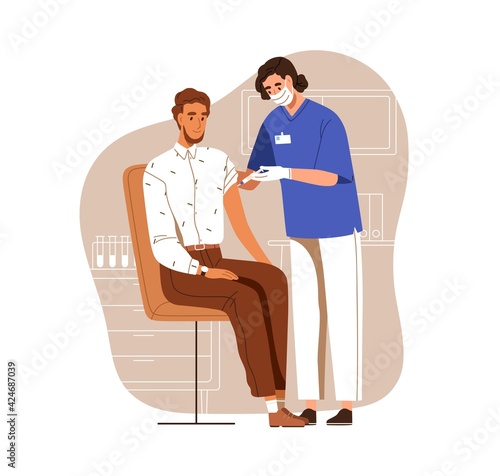 Nurse vaccinating man with anti-virus vaccine injection. Vaccination of adult patient for covid prevention. Colored flat vector illustration of guy in hospital isolated on white background