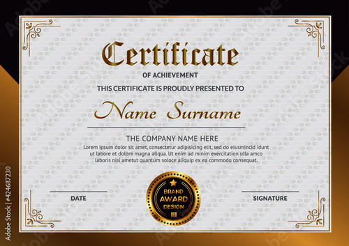 Certificate template with badge seal and dark violet and gold frame