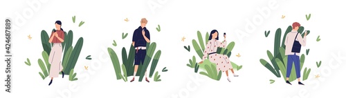Concept of friendly user environment and app clients care. Set of happy people with mobile phones using comfortable and usable online applications. Colored flat vector illustration isolated on white