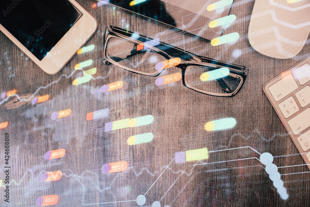Multi exposure of technology theme drawing over work table desktop. Top view. Global data analysis concept. Multi exposure of technology theme drawing over work table desktop. Top view. Global data analysis concept.