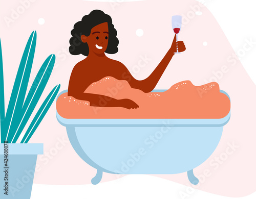 African Woman character taking bath relaxing and drink wine. Vector flat flat simple illustration
