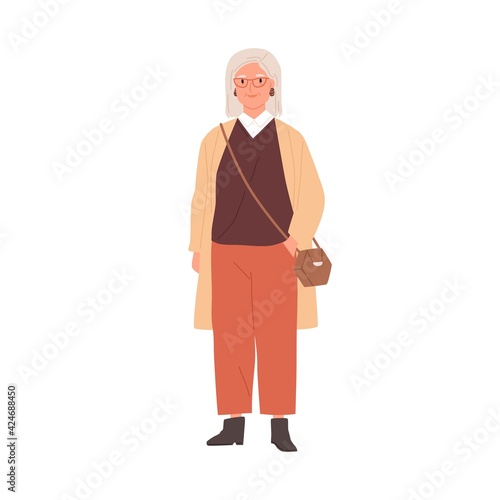 Portrait of aged gray-haired woman wearing stylish casual clothes and accessories. Trendy outfit of old lady. Colored flat graphic vector illustration of modern granny isolated on white background
