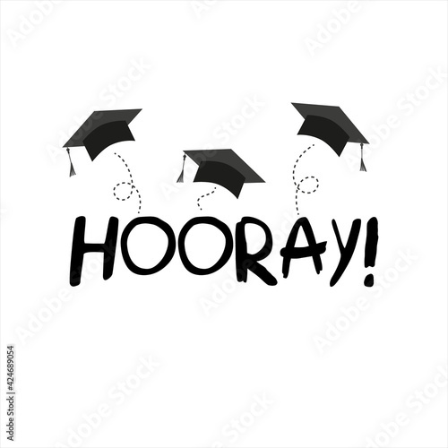 Word horray lettering vector concept without background. Graduate cap thrown up. Congratulation graduates 2022 class. Flat cartoon design of greeting, banner, invitation card. photo