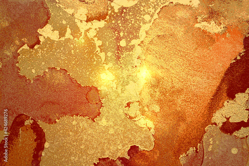 Gold  orange and red abstract marble background with sparkles. Vector texture in alcohol ink technique with glitter. Template for banner  poster design. Fluid art painting