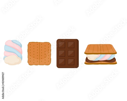 Marshmallows set Graham Cracker chocolate bar Isolated On White