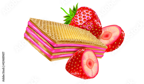 Wafers Chocolate, Strawberry, Milky cream in the middle on white background. Realistic vector in 3D illustration.
