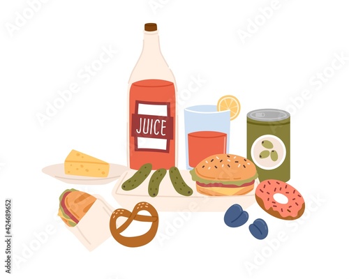 Served unhealthy high-carb snacks, fast and junk food. Fat burger, hotdog, pickles, bottle of sweet juice and donut. Colored flat vector illustration of fastfood isolated on white background