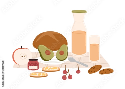 Picnic towel with served food and snacks for outdoor breakfast or lunch. Bread, avocado, bottle of juice, jar of jam, apple and cookies. Colored flat vector illustration isolated on white background