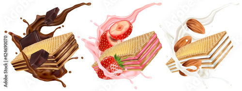Wafers Chocolate, Strawberry, Milky cream in the middle on white background. Realistic vector in 3D illustration.