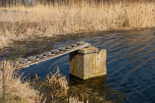 A wooden pier leading to the drainage of disused fish ponds. Taken on a sunny day, the object against the blue sky.