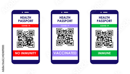 Collection of smartphones with coronavirus vaccine passport with QR code on the screen. Vector illustration on isolated background. Eps 10.