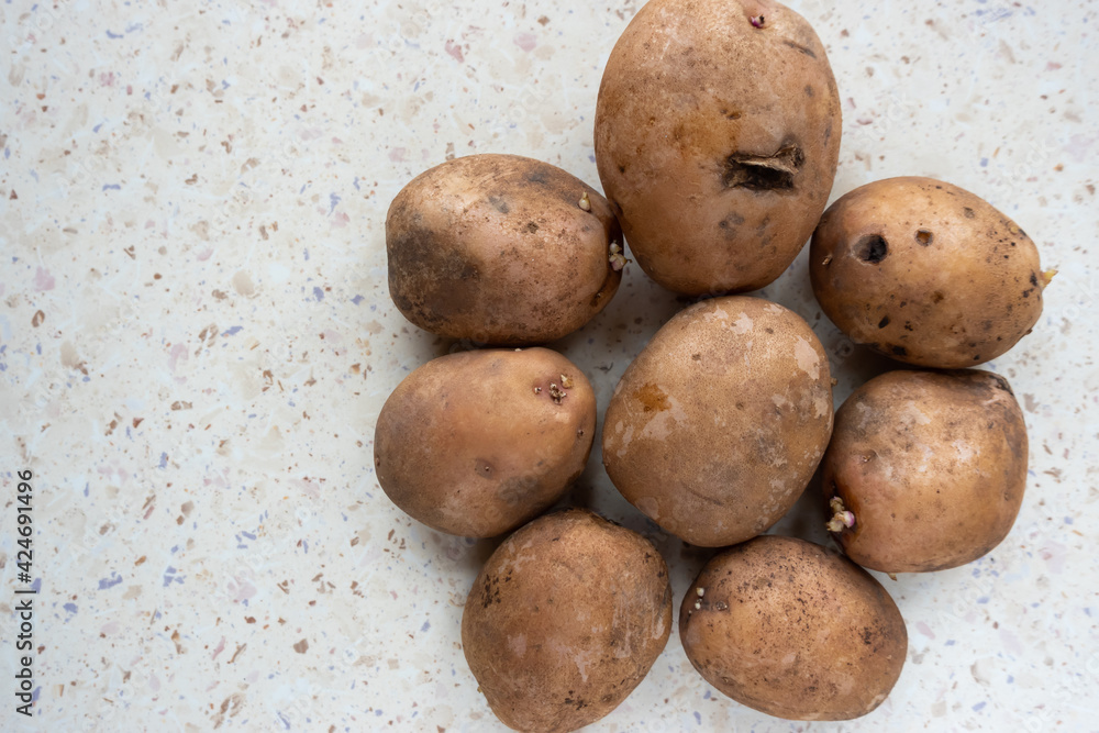 Group of potatoes on the white table. Taken at natural light falling from the window Group of potatoes on the white table. Taken at natural light falling from the window