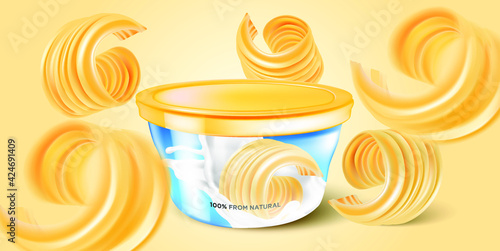 Butter slice with packaging mock up elements design on solid color background. Realistic vector in 3D illustration.