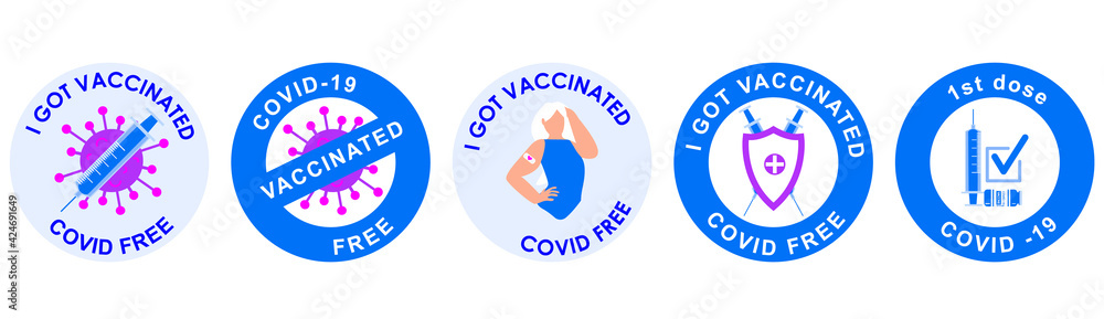 A collection of five different vaccination stamps or stickers. I got vaccinated. The girl shows the bandage from the vaccination. The shield and the vaccine bottle protect against the coronavirus. Eps A collection of five different vaccination stamps or stickers. I got vaccinated. The girl shows the bandage from the vaccination. The shield and the vaccine bottle protect against the coronavirus. Eps
