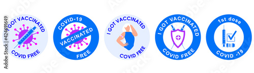 A collection of five different vaccination stamps or stickers. I got vaccinated. The girl shows the bandage from the vaccination. The shield and the vaccine bottle protect against the coronavirus. Eps