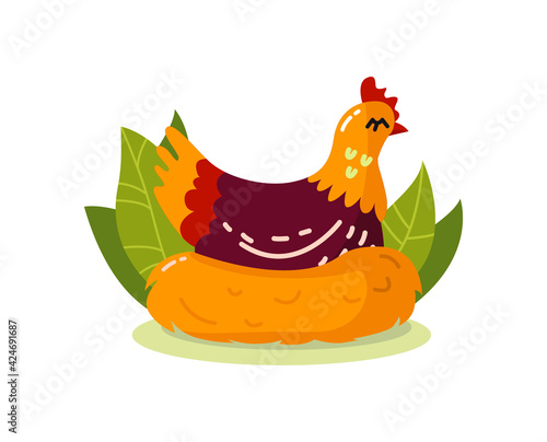 Cartoon chicken sitting on the nest, isolated on white background. Vector illustration.