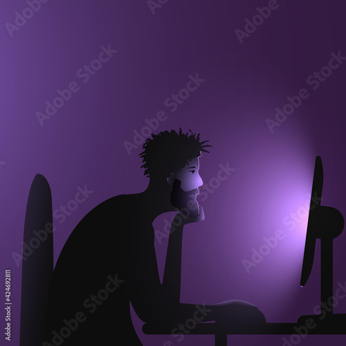 Internet addiction. A black man with an African hairstyle and beard sits at a computer late at night. Vector illustration of people immersion to networks and spending time on the internet.