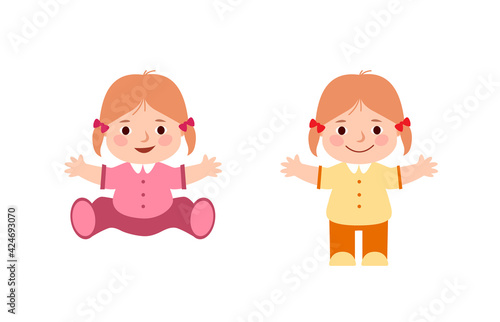 Icon of Doll sits and stands. Kid is standing there pulling his hands and smiling.