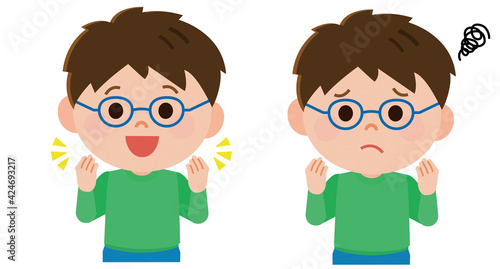 視力矯正　眼鏡をかけて嬉しい顔　嫌な顔の男の子　イラスト