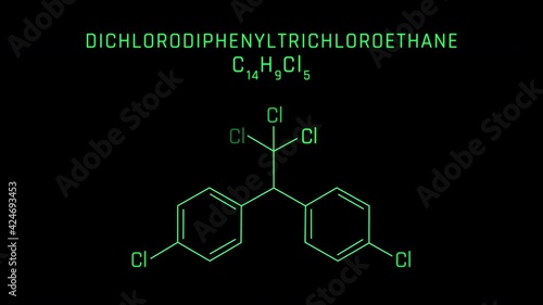 Dichlorodiphenyltrichloroethane or DDT Molecular Structure Symbol Neon Animation on black background