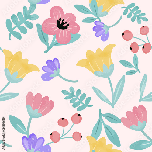 Beautiful blossom with green leaf seamless pattern.