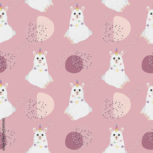 Seamless pattern with cartoon llama (alpaca) with unicorn horn. Baby background for wrapping paper, greeting cards, design. Funny little alpaca