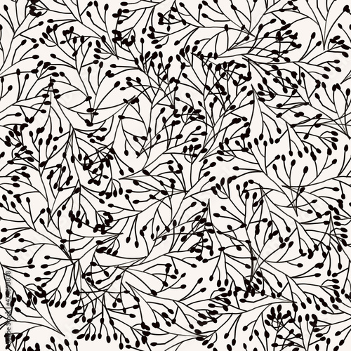 Black and White seamless pattern nature plants ornament, leaves grass branches. Repeating background delicate dense elegant monochrome nature backdrop for fabric, wallpaper. High quality illustration.