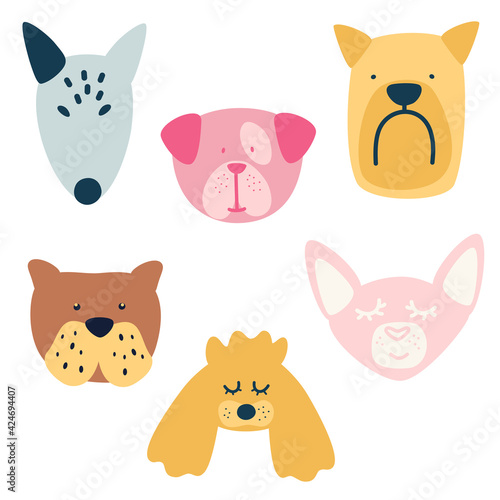 Fototapeta Naklejka Na Ścianę i Meble -  Set of heads of different breeds dogs. Bull terrier, maltese, poodle, bulldog dog, chihuahua. Collection of dog faces Hand drawn isolated vector illustration in doodle style on white background